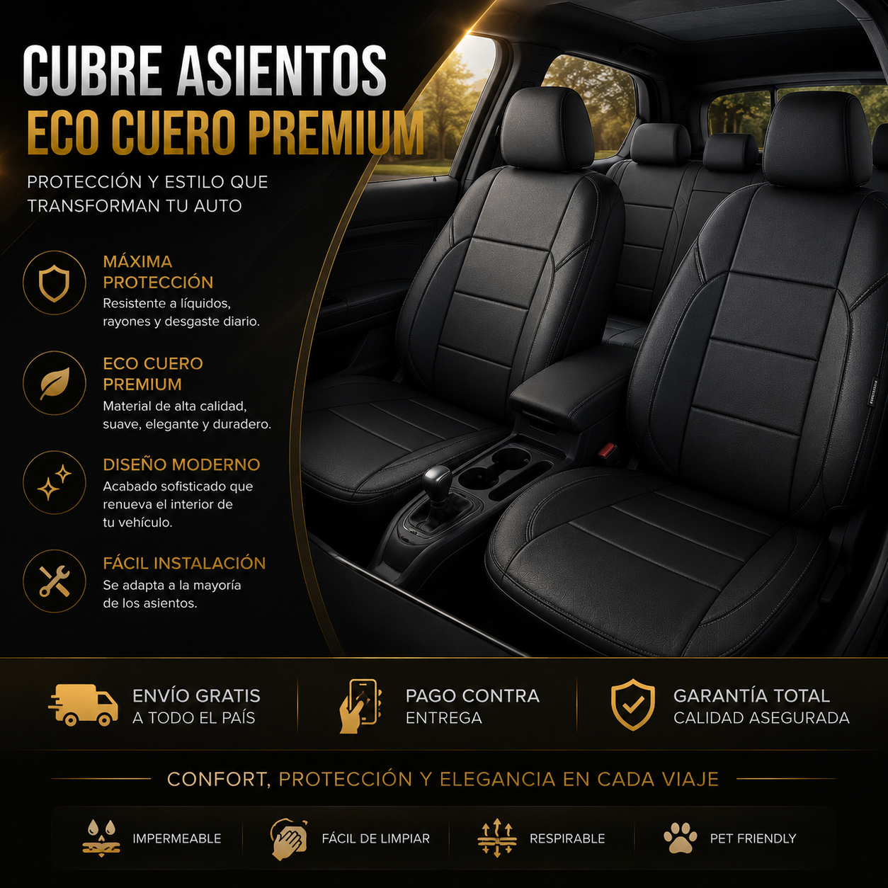 SET CUBRE ASIENTO ECO CUERO PREMIUM + FUNDA CABECERAS X4