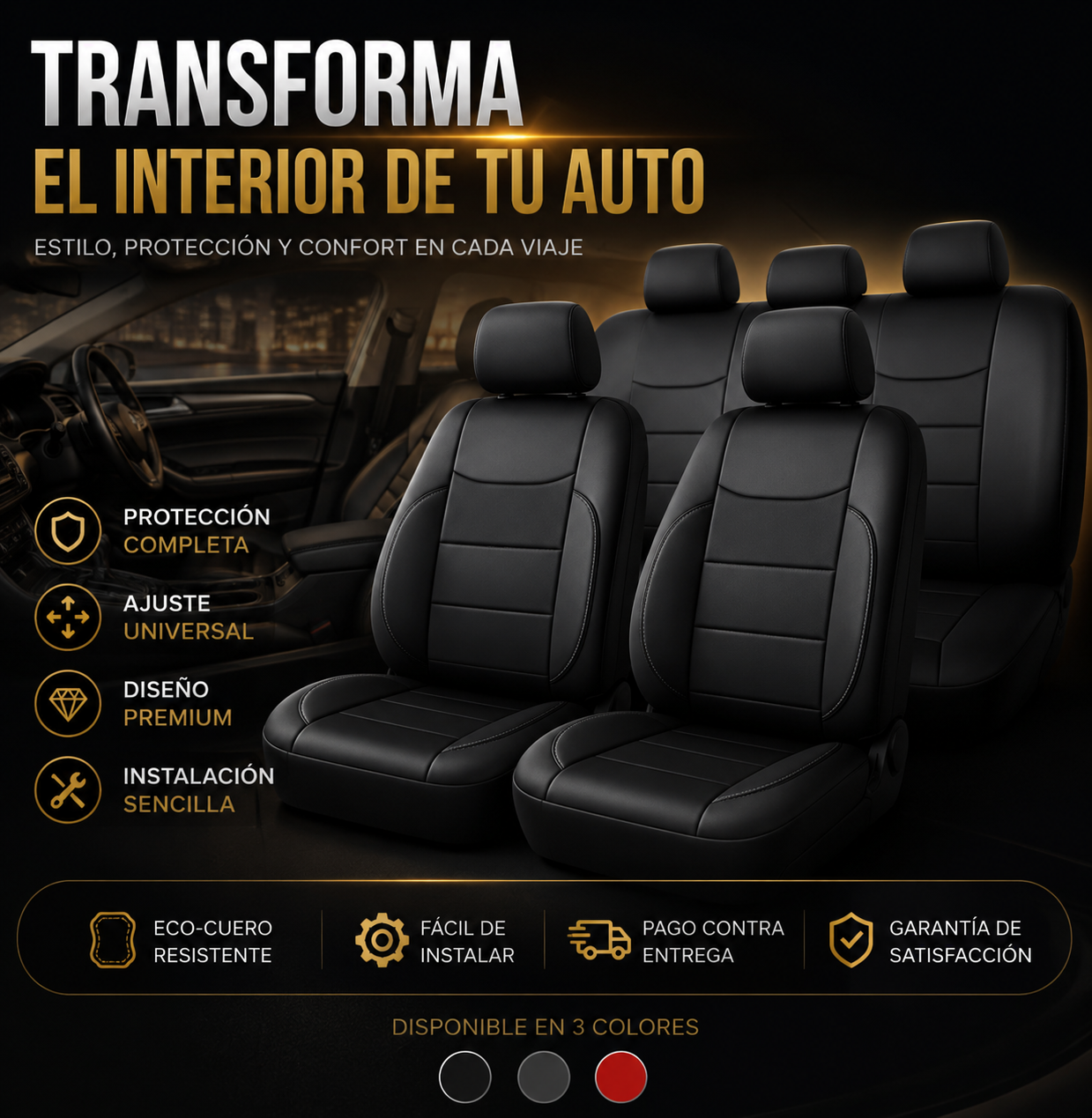 SET CUBRE ASIENTO ECO CUERO PREMIUM + FUNDA CABECERAS X4