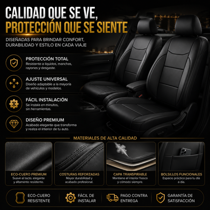 SET CUBRE ASIENTO ECO CUERO PREMIUM + FUNDA CABECERAS X4