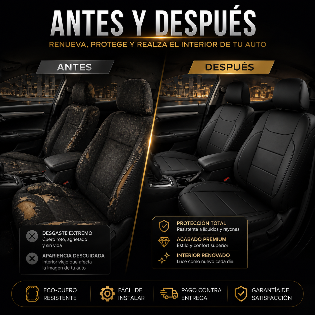 SET CUBRE ASIENTO ECO CUERO PREMIUM + FUNDA CABECERAS X4